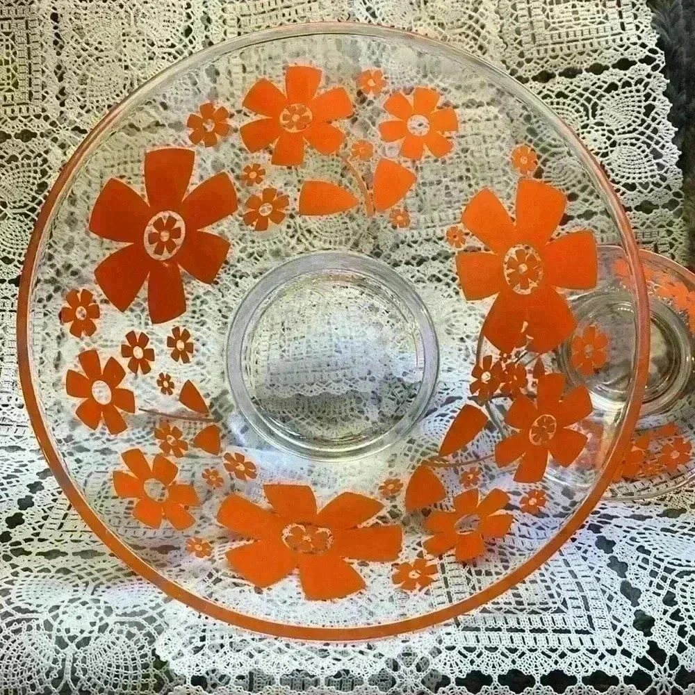 Mid-Century Atomic Daisy Flower Glass Chip &  Dip Serving Bowl Set - Picture 7 of 16